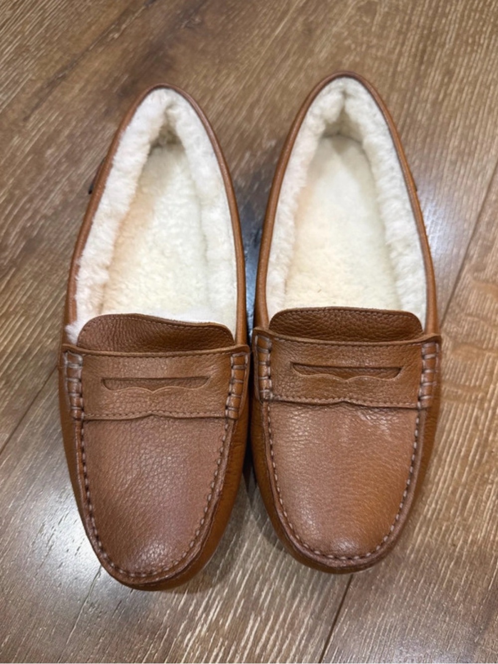 Women Brown Leather Shearling-Lined Moccasin Loafers